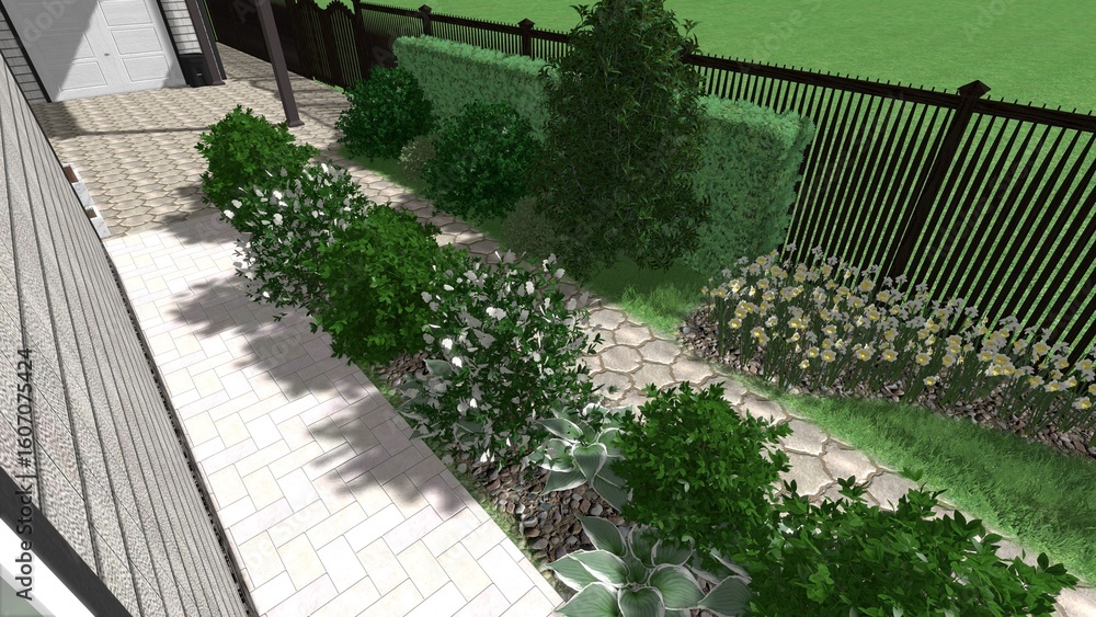 Aufkleber 3d image of the landscape design of the home territory. landscaping of the territory. computer visua