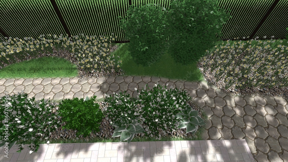 Aufkleber 3d image of the landscape design of the home territory. landscaping of the territory. computer visua