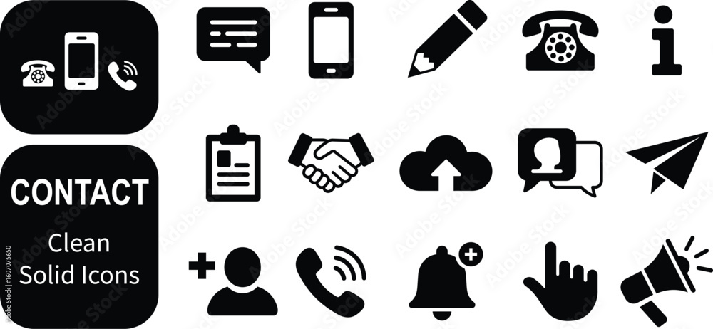 Poster modern contact icons set featuring clean solid symbols and communication elements