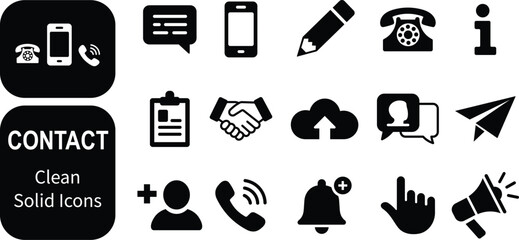 Modern contact icons set featuring clean solid symbols and communication elements