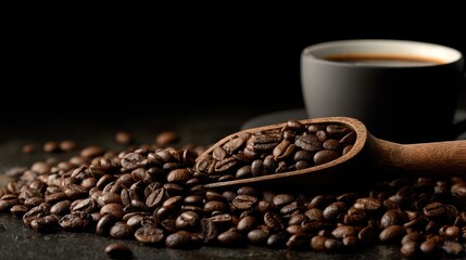 Rich roasted coffee beans spilling from a wooden scoop beside a steaming cup of coffee in a dark setting.