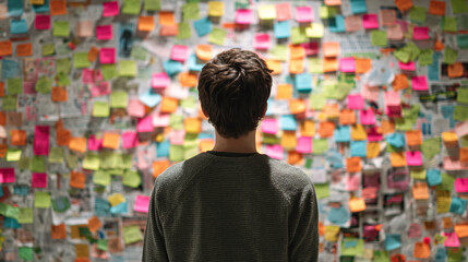 A creative professional stands before a wall of sticky notes, organizing a complex business plan