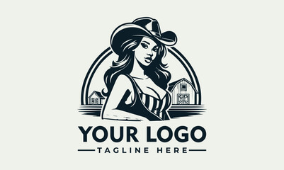 A stylized illustration of a cowgirl standing in front of a farm scene, used for a logo.