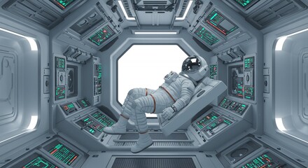Fototapeta premium Astronaut in spaceship corridor