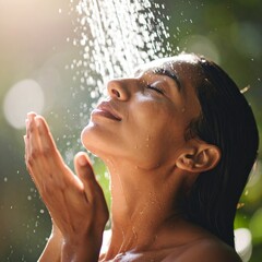 Fototapeta premium Une jeune femme recevant de l'eau sur le visage sous forme de brumisation et léger jet d'eau. Generated image