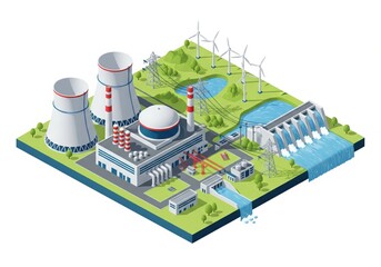 Modern isometric 3D illustration of an advanced nuclear plant with cooling towers, hydro dam, and wind turbines on clean white background