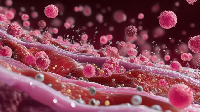 Closeup simulation of inflammatory response with pink immune cells infiltrating layered tissue membranes highlighting cellular interaction in acute graftversushost disease.
