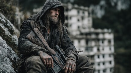 Obraz premium Dark dangerous person in a tattered, hooded cloak holding a mortal weapon. Eerie, post-apocalyptic setting adds to the mysterious, ominous atmosphere. Apocalyptic head hunter concept.