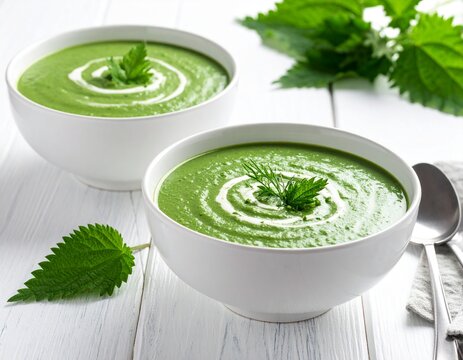 Soupe d'orties avec feuilles de cerfeuil pr&eacute;sent&eacute;e dans bol blanc sur une table en bois blanchi. Generated image