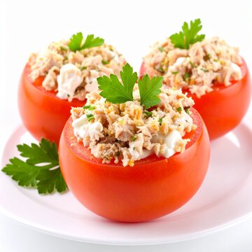 Tomates farcies au thon avec mayonnaise. Isol&eacute; sur fond blanc. Generated image