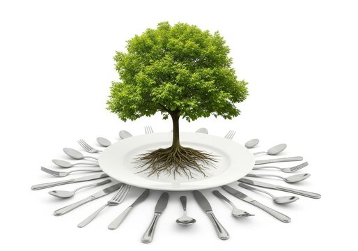 A tree growing from the center of a dinner plate, surrounded by cutlery, white background
