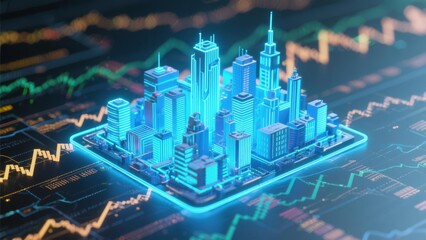 Futuristic Smart City Digital Model on Stock Market Data Background: 3D Render, Neon Blue, Technology, Finance
