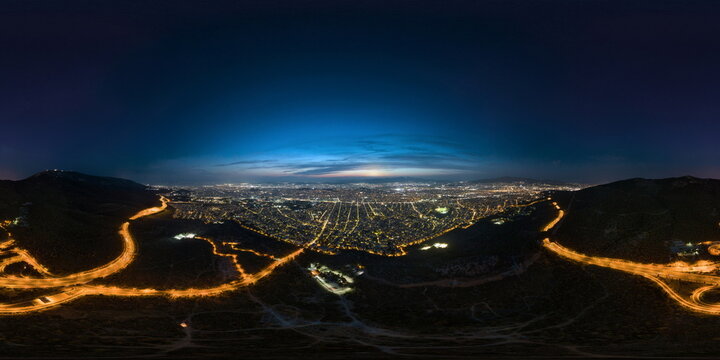 Aerial view of sunset over Athens at night, Greece - high-resolution spherical equirectangular 360&deg;x180&deg; panorama for VR (2:1)