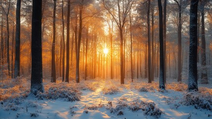 Naklejka premium Golden sunlight streams through a snow-covered forest