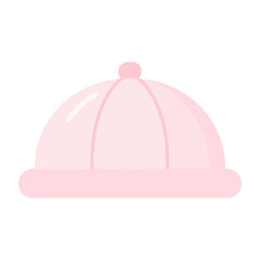 Cute pastel pink baby beanie hat with a dome shape and top pompom. Flat vector illustration of a newborn cap.