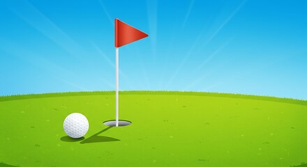 Fototapeta premium Golf Course Cartoon with Ball, Red Flag, and Blue Sky Illustration