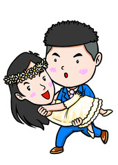 Cartoon Groom Carrying Bride in Wedding Dress
