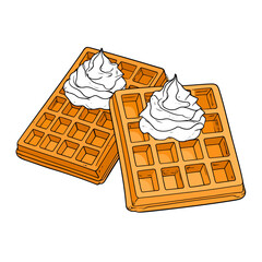 Two golden brown Belgian waffles with whipped cream in a cartoon style illustration.