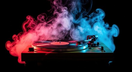 "Vinyl record player with colorful red and blue smoke swirling in the dark."









