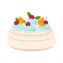A delicious Pavlova meringue cake with light blue cream, topped with red cherries, apricot slices, and mint leaves.