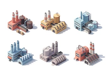 Six vibrant 3D isometric factory illustrations with industrial elements on white background featuring chimneys, tanks and conveyors