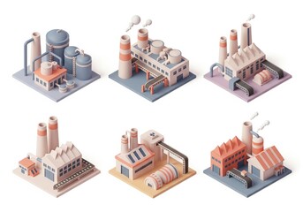 Six vibrant 3D isometric factory illustrations with industrial elements on white background featuring chimneys, tanks and conveyors