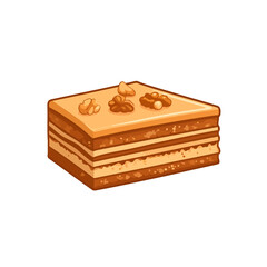 A square slice of layered walnut honey cake with cream filling and a smooth caramel glaze on top.