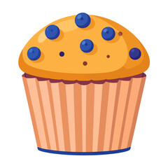 A delicious cartoon illustration of a golden blueberry muffin with fresh berries on top, baked in a striped paper liner.