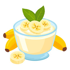 Creamy banana pudding in a glass bowl, garnished with fresh banana slices and mint leaves.