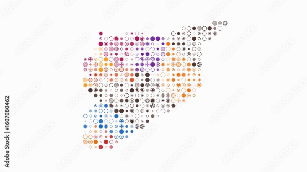 Poster syria dotted animation. shape of the country build of pulsating colored dots. large size circle bloc