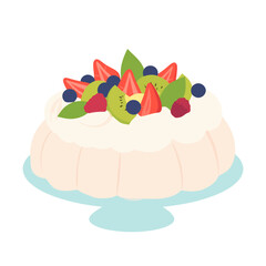 Elegant Pavlova meringue cake with whipped cream and fresh fruit topping. A delicious dessert illustration with strawberries, kiwi, and berries on a stand.