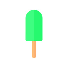 Simple flat design icon of a bright green popsicle with a rounded top on a wooden stick.