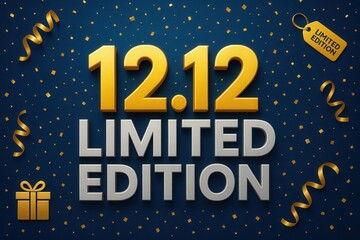 Festive promotional graphic with "12.12 Limited Edition" in bold gold and silver text, accompanied by confetti, ribbons, and a gift symbol on a dark blue background.