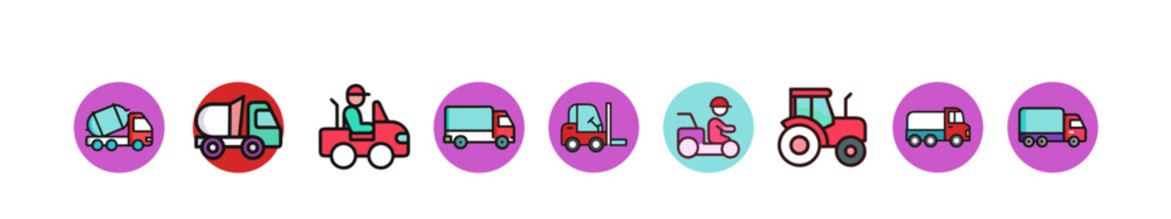  set of construction and transport vehicles icons on a white background, representing logistics and engineering
