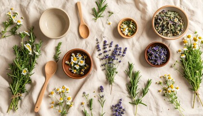 Top-down photo of dried herbs and fresh plants like chamomile, lavender, and rosemary arranged aesthetically on natural beige linen cloth, with small ceramic bowl and wooden spoon, soft daylight, no h