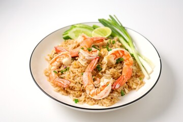 Homemade fried rice with shrimps and egg, on a white background,thai food,asian food