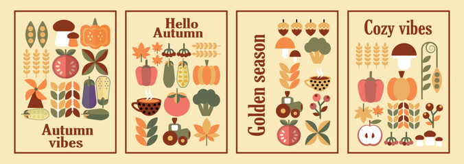 Autumn simple poster set. Autumn flyer set of designs Scandinavian mosaic. Banner autumn elements. Autumn design poster. Vector illustration.