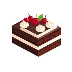 A square slice of layered chocolate cake with cream filling, topped with whipped cream and red cherries.