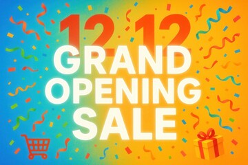 Vibrant promotional graphic featuring the text "Grand Opening Sale" with colorful confetti, ribbons, and icons of a shopping cart and gift on a blue and orange background.