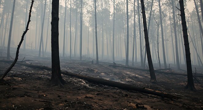 Smoldering Burnt Forest with Gray Smoke and Charred Trees - Powered by Adobe