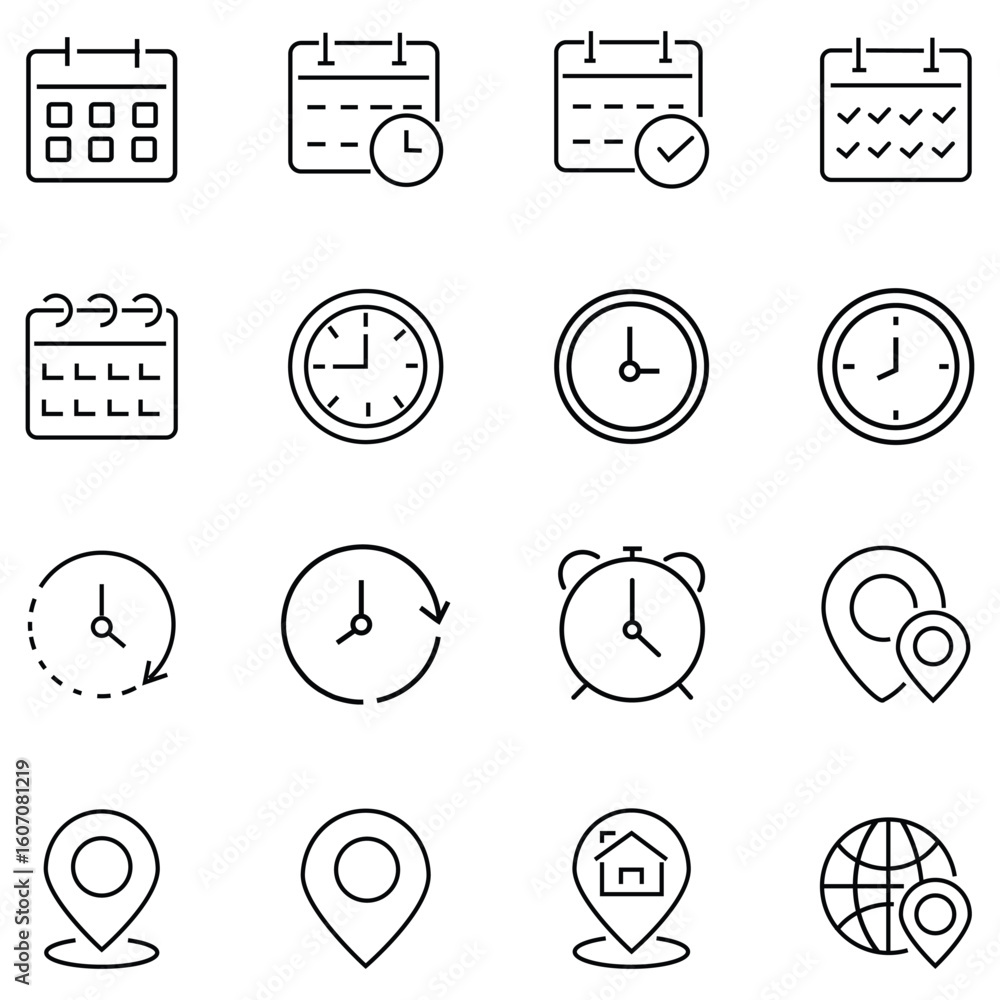 Poster time, date and address icons set. time, date and address outline icon set. calendar, clock, location