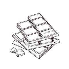 A detailed sketch illustration of stacked, segmented chocolate bars with small broken chunks.