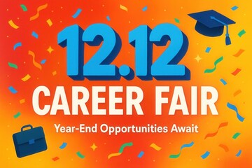 Vibrant promotional graphic for a career fair dated 12.12, featuring bold blue text, graduation cap, briefcase, and colorful confetti against an orange background.
