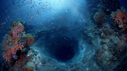 Fototapeta premium Underwater Abyss: Vibrant Coral Reefs and Schools of Fish Descending into the Blue
