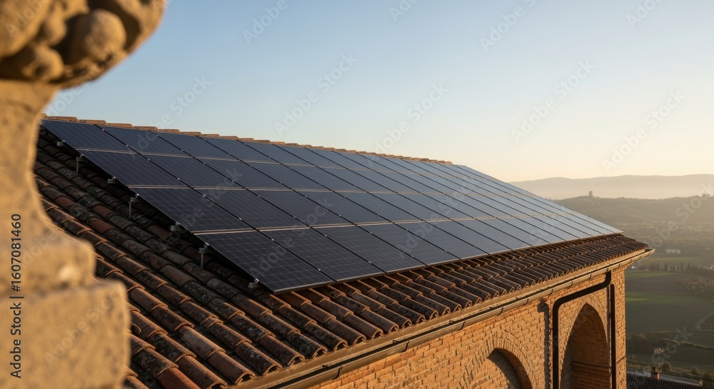 Poster modern solar array contrasting with rustic rooftop architecture.