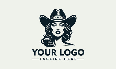 A stylized illustration of a woman wearing a cowboy hat, with flowing hair, in a monochrome design.