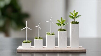 energy stock market sustainable. Conceptual growth representation with wind turbines and plants in minimalistic pots.