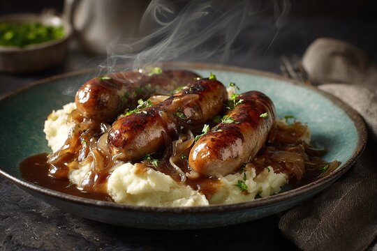 Steaming sausages atop mashed potatoes, covered in gravy and onions in an earthy bowl