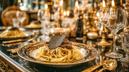 Fototapeta premium Elegant dining featuring truffle pasta, luxurious gold accents, and a warm, inviting atmosphere for a special occasion.