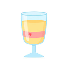 Layered yellow and pink trifle dessert with a berry in a light blue stemmed glass.